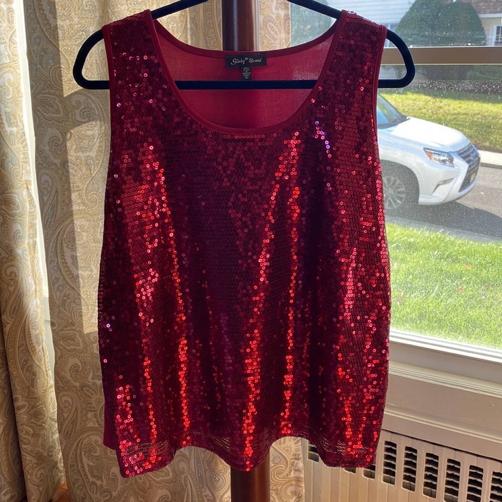 Slinky Brand Sequined Front Tank Top in Cherry Red, Size XL